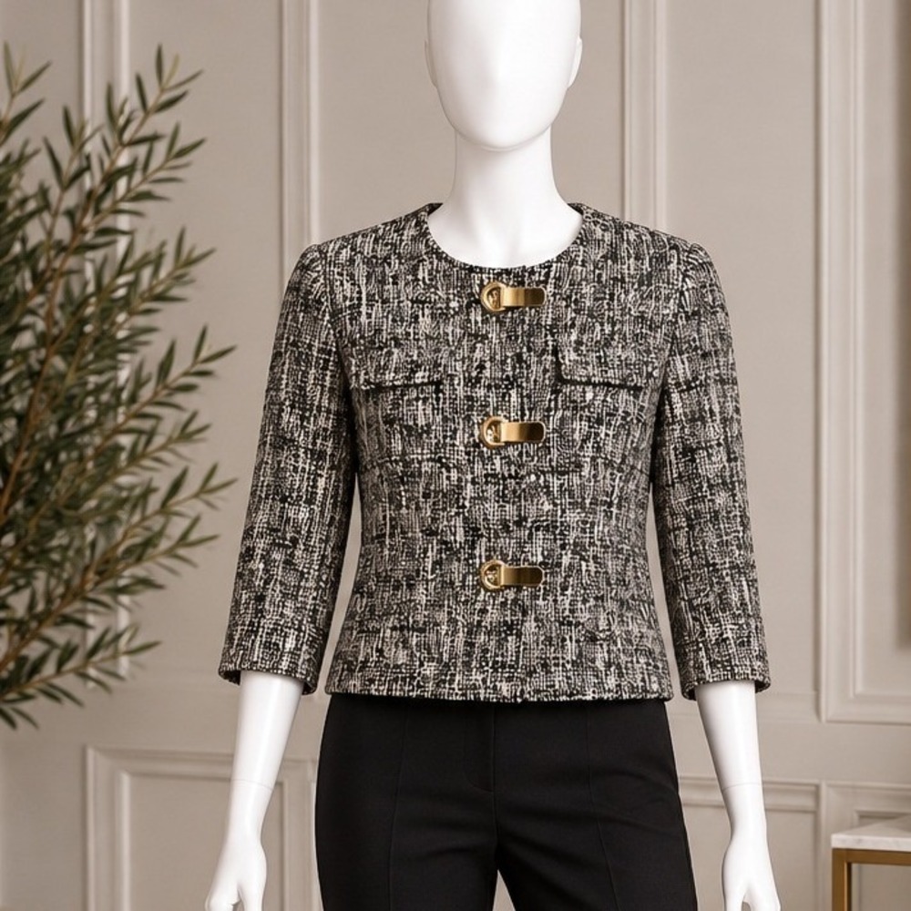 Michael Kors Women Tweed Jacket Black White Gold Buckle Size Petite Small